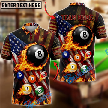 BlueJoses Billiards American Flag Flaming 8 Ball And Explosive Pool Balls Customized Name, Team Name 3D Shirt