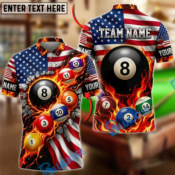 BlueJoses Billiards American Flag Flaming 8 Ball And Colorful Pool Balls Customized Name, Team Name 3D Shirt