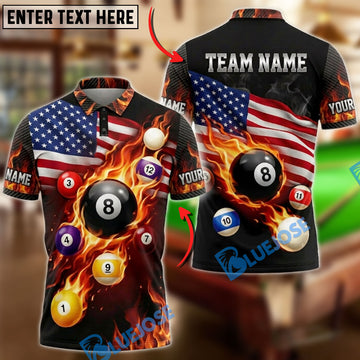 BlueJoses Billiards American Flag Flaming 8 Ball And Pool Balls Customized Name, Team Name 3D Shirt
