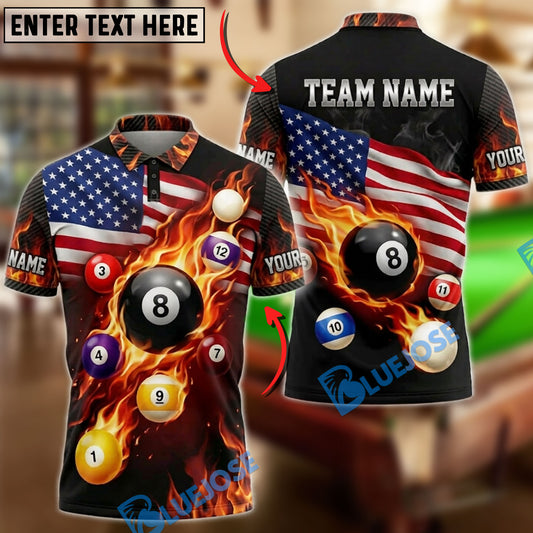 BlueJoses Billiards American Flag Flaming 8 Ball And Pool Balls Customized Name, Team Name 3D Shirt