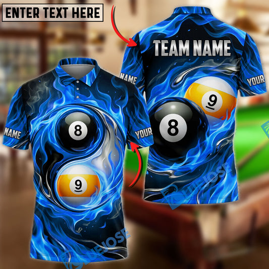 BlueJose Billiards Flaming Black 8 Ball And Golden 9 Ball Yinyang Double Personalized Name Shirt (4 Colors)