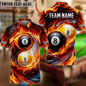 BlueJose Billiards Flaming Black 8 Ball And Golden 9 Ball Yinyang Double Personalized Name Shirt (4 Colors)