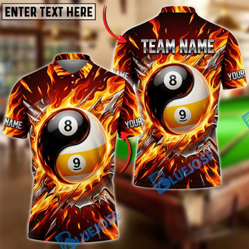 BlueJose Billiards Flaming Black 8 Ball And Golden 9 Ball Yinyang Personalized Name Shirt (4 Colors)