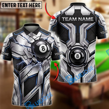 BlueJose Billiards Silver Metallic 8 Ball And Geometric Pattern Personalized Name Shirt (4 Colors)