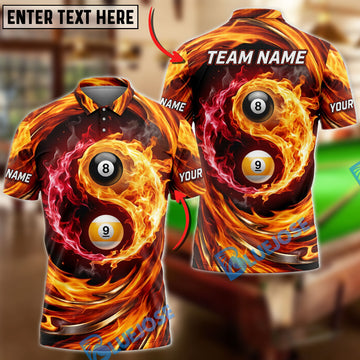 BlueJose Billiards Double Flaming 9 Ball And 8 Ball Yinyang Personalized Name Shirt (4 Colors)