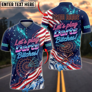 BlueJose Darts American Flag Neon Lets Play Darts Bitches Personalized Name Shirt