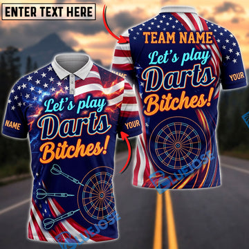BlueJose Darts American Flag Blue Flame Lets Play Darts Bitches Personalized Name Shirt