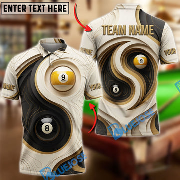 BlueJoses Billiards Black And Gold Metallic 8 Ball 9 Ball Yinyang Customized Name, Team Name 3D Shirt