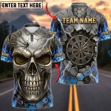 BlueJose Darts Silver Skull And Golden Blue Flame Dartboard Personalized Name Shirt