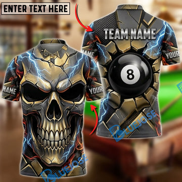 BlueJoses Billiards Golden Skull And Black 8 Ball Customized Name, Team Name 3D Shirt