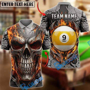 BlueJose Billiards Flaming Skull And Golden 9 Ball Personalized Name Shirt (4 Colors)