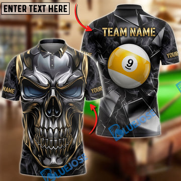 BlueJoses Billiards Metallic Skull And Golden 9 Ball Customized Name, Team Name 3D Shirt