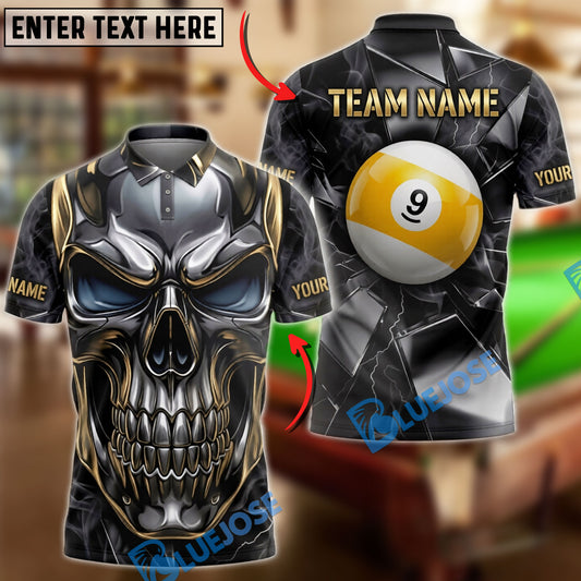 BlueJoses Billiards Metallic Skull And Golden 9 Ball Customized Name, Team Name 3D Shirt