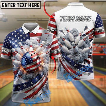 BlueJose Bowling American Flag Smoke Boom Bowling Ball And Pins Customized Name, Team Name 3D Shirt