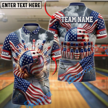 BlueJose Bowling American Flag Patriotic Bowling Pins Customized Name, Team Name 3D Shirt
