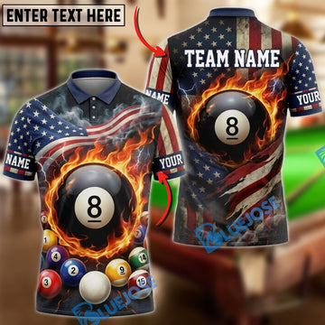 BlueJoses Billiards American Flag Flaming 8 Ball And Pool Customized Name, Team Name 3D Shirt