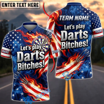 BlueJose Darts American Flag Lets Play Darts Bitches Flaming Dartboard Personalized Name Shirt