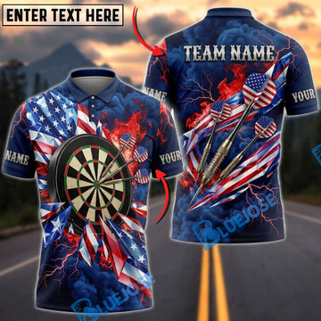 BlueJose Darts American Flag Red And Blue Lightning Dartboard Personalized Name Shirt