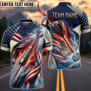 BlueJose Darts American Flag Red Flame And Metallic Flying Darts Personalized Name Shirt
