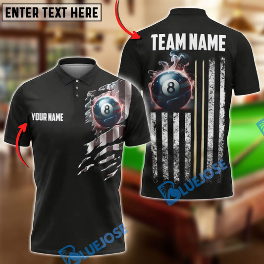 BlueJose Billiards Ball 8 with USA Flag Stripes Black Customized Name, Team Name 3D Shirt
