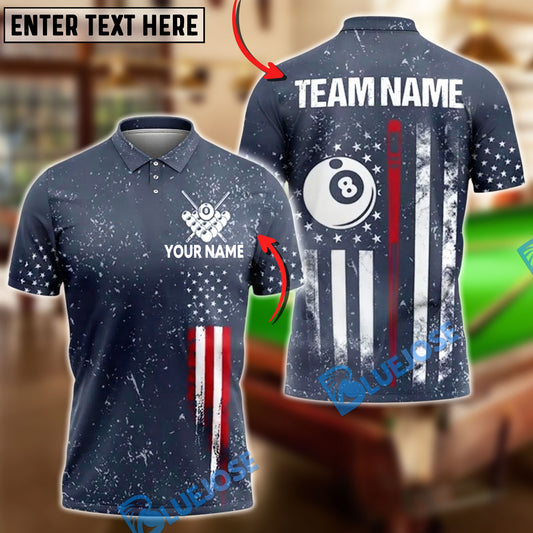 BlueJose Billiards Ball 8 USA Flag with Vertical Cues Customized Name, Team Name 3D Shirt
