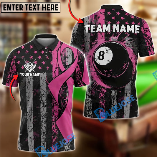 BlueJose Billiards Pink Ribbon with 8-Ball and Flag Breast Cancer Awareness Customized Name, Team Name 3D Shirt