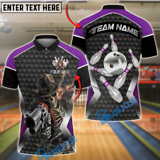 BlueJose Bowling And Pins Skeleton Cowboy Customized Name, Team Name 3D Shirt (4 Colors)