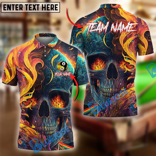 BlueJose Billiards Yin And Yang Ball 8&9 Flaming Skull Abstract Personalized Name, Team Name Unisex Shirt