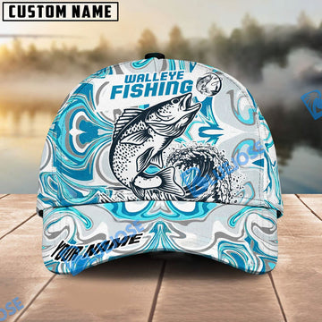 Bluejose Personalized Walleye Fishing Hat with Custom Name, Artistic Blue Water Pattern Cap, Unique Gift for Freshwater Anglers & Outdoor Fishermen