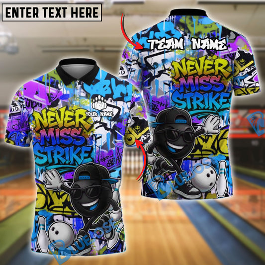 BlueJose Bowling And Pins “Never Miss Strike” Urban Hip-Hop Customized Name, Team Name 3D Shirt (4 Colors)