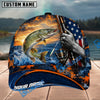 BlueJose Fishing Sunset American Flag Reel Design Personalized Name Classic 3D Cap Personalized Cap (13 Breeds)