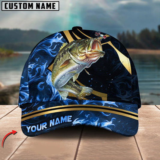 BlueJose Fishing Blue Ocean Wave & Gold Geometric Personalized Cap (12 Breeds)