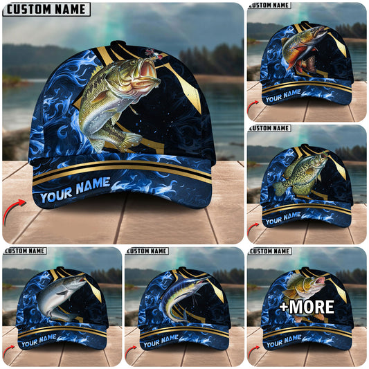 BlueJose Fishing Blue Ocean Wave & Gold Geometric Personalized Cap (12 Breeds)
