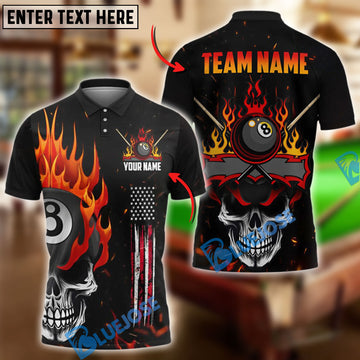 BlueJose Billiards Ball 8 Skull Fire Personalized Name & Team Name Shirt (4 Colors)