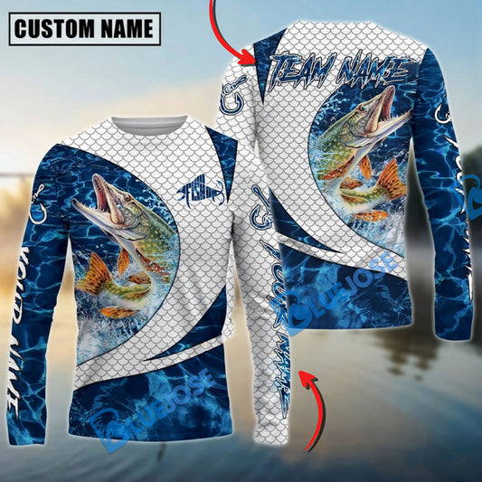 Bluejose Pike Fishing Blue Wave Dynamic Sport Design Custom Name & Team Name 3D Shirts