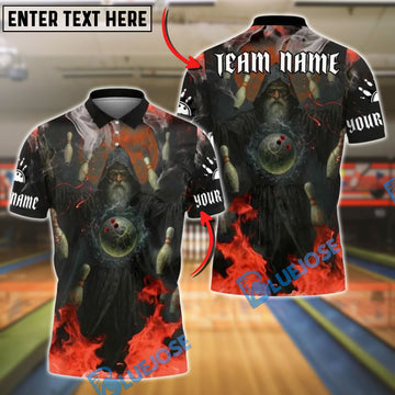 BlueJose Bowling And Pins Magic Flame Wizard Customized Name, Team Name 3D Shirt (4 Colors)