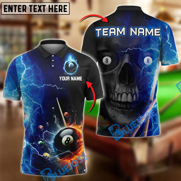 BlueJose Billiards 8-Ball Skull Lightning Strike Personalized Name Shirt (4 Colors)