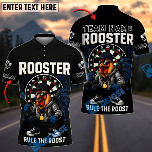 BlueJose Darts Cool Rooster Rule the Roost Design Personalized Name, Team Name Shirt (4 Colors)