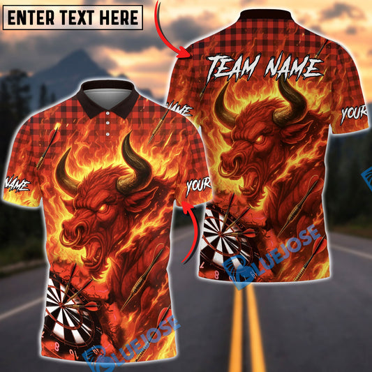 BlueJose Darts Bull Fire Flames Caro Pattern Multicolor Options Personalized Name Shirt (4 Colors)