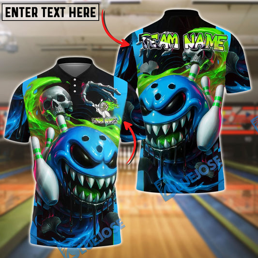 BlueJose Bowling And Pins Toxic Monster Skull Flame Customized Name, Team Name 3D Shirt (4 Colors)