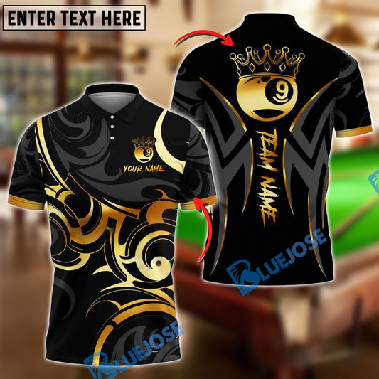 BlueJose Billiards Gold 9 Ball Crown Tribal Swirl Design Personalized Name Shirt (4 Colors)