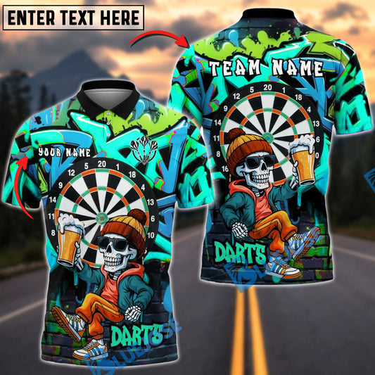 BlueJose Darts Graffiti Skeleton Beer Style Personalized Name, Team Name Shirt (4 Colors)
