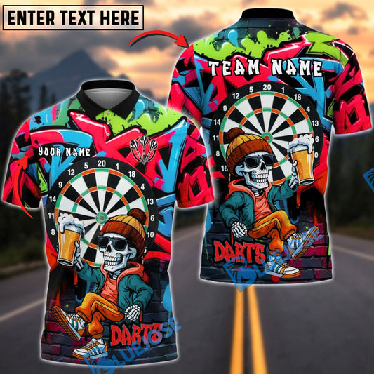 BlueJose Darts Graffiti Skeleton Beer Style Personalized Name, Team Name Shirt (4 Colors)