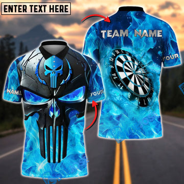 BlueJose Darts Skull Punisher Flame Customized Name, Team Name 3D Shirt (4 Colors)