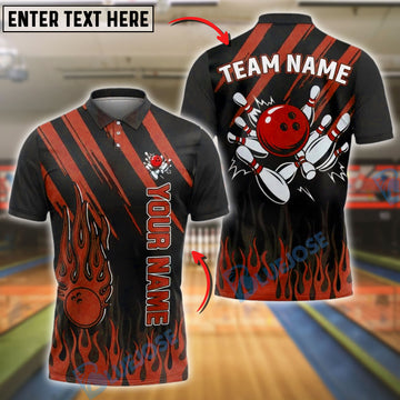 BlueJose Bowling And Pins Flames Strikes Customized Name, Team Name 3D Shirt (4 Colors)