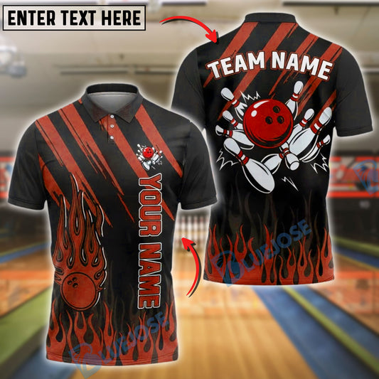 BlueJose Bowling And Pins Flames Strikes Customized Name, Team Name 3D Shirt (4 Colors)