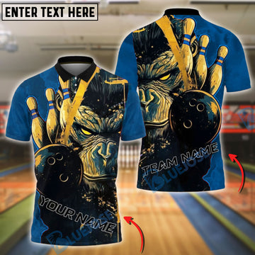 BlueJose Bowling And Pins Angry Gorilla Strike Customized Name, Team Name 3D Shirt (4 Colors)