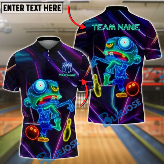 BlueJose Bowling And Pins Zombie Neon Glow Customized Name, Team Name 3D Shirt (4 Colors)