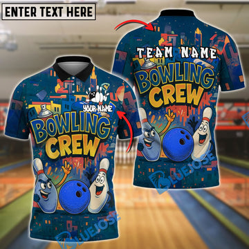 BlueJose Bowling And Pins Cartoon City Crew Customized Name, Team Name 3D Shirt (4 Colors)