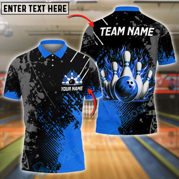 BlueJose Bowling Flame Ball & Pin Splash Design Customized Name, Team Name 3D Shirt (4 Colors)